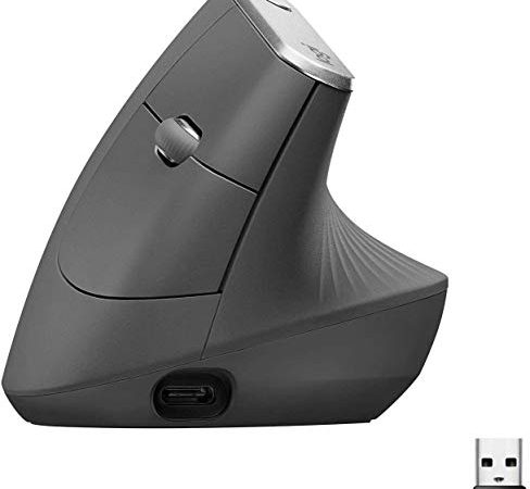 Logitech MX Mouse Verticale Wireless Ergonomico, Multi-Dispositivo, Bluetooth o 2.4 GHz Ricevitore USB Unifying, Rilevamento Ottico Avanzato 4000 DPI, 4 Pulsanti, Ricarica Rapida, PC/Mac/iPadOS, Nero