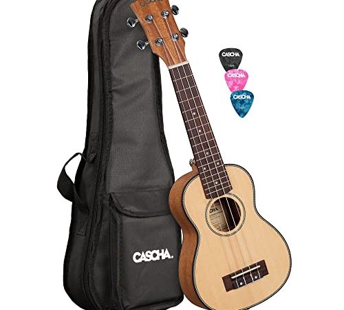 CASCHA Ukulele soprano per mancini, in abete massiccio, con corde Aquila, accessori e 3 plettri