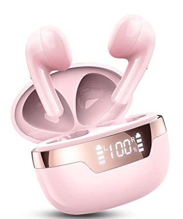 Cuffie Bluetooth 5.2, Auricolari Bluetooth Senza Fili con Stereo HiFi, Microfono, Super Leggero, In Ear Cuffiette Wireless Sport IP7 Impermeabili, Display LED, 40 Ore di Riproduzione, Rosa