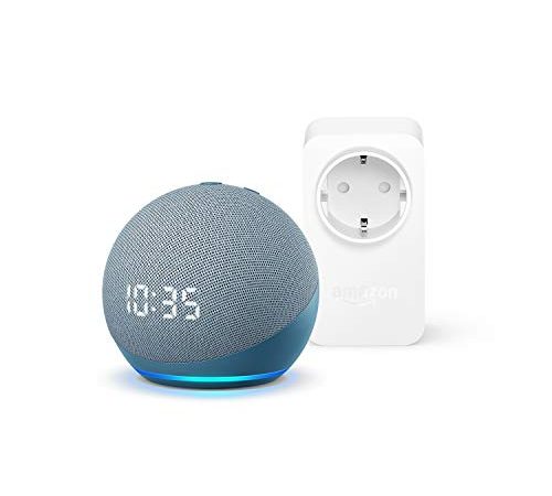 Echo Dot (4ª generazione) con orologio, Ceruleo + Amazon Smart Plug (presa intelligente con connettività Wi-Fi), compatibile con Alexa - Kit di base per Casa Intelligente