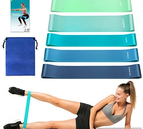 Elastici Fitness, 5 Livelli di Resistenza Fascia Bande, Lattice Naturale Booty per Crossfit, Yoga, Pilates con Istruzioni e Borsa