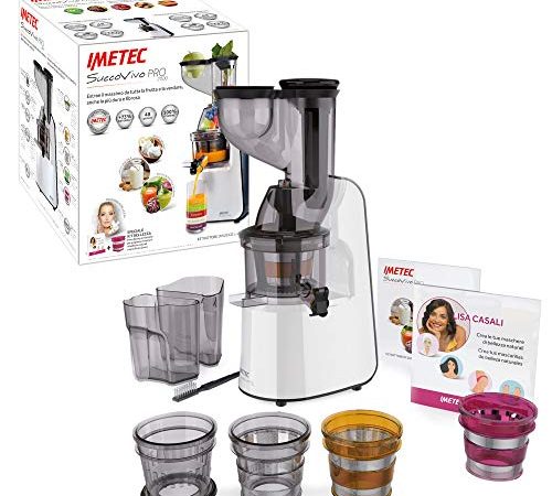 Imetec Succovivo Pro 2000 Estrattore di Succo Professionale a Freddo, Spremitura Lenta 48 Giri/Min, 2 Filtri per Succhi, Accessorio per Granite e Sorbetti, Kit per Maschere Bellezza, con Ricettario