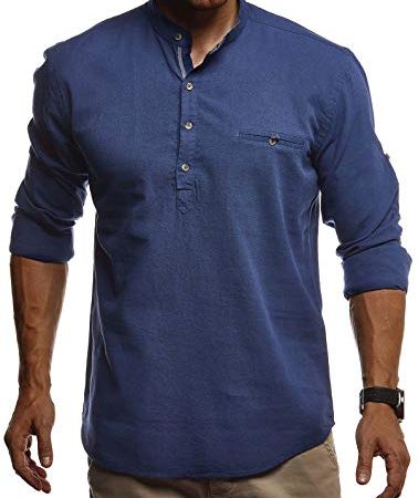 Leif Nelson Camicia da Uomo Maniche Lunga Slim Fit LN-3865 Blu Large