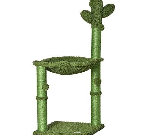 PawHut Albero Tiragraffi per Gatti Adulti e Gattini a Forma di Cactus con Corda Sisal, Palline e Amaca, Altezza 96cm, Verde