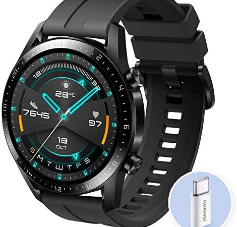 Smartwatch HUAWEI Watch GT 2 46 mm con adattatore Huawei AP52, GPS, 15 modalità di allenamento, display del quadrante in vetro 3D, chiamata tramite Bluetooth, Matte Black