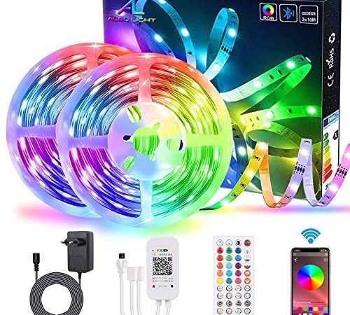 Striscia LED Bluetooth 20M con Controllo App, ALED LIGHT Strisce LED Colore RGB 5050 con Telecomando IR, Sincronizza con la Musica, Kit Striscia LED Flessibile per la Casa Decorazione