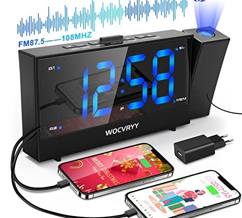 Sveglia Digitale da Comodino con Proiettore, WOCVRYY Radiosveglia con Proiettore, Proiezione Ruotabile di 180 Gradi , Doppia Sveglia Snooze FM Radio 2 Porte di Ricarica USB