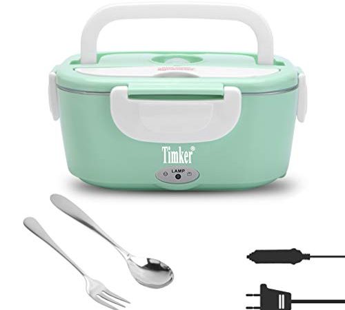 Timker Scaldavivande Elettrico Portatile,Scaldavivande 12V/24V/220V 3 in 1 per Auto e Ufficio - Scaldavivande Elettrico in Acciaio Inox 40W 1.5L con Cucchiaio e forchetta in Inox