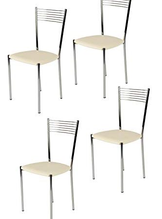 Tommychairs - Set 4 sedie modello Elegance per cucina bar e sala da pranzo, struttura in acciaio cromato e seduta imbottita e rivestita in pelle artificiale colore avorio