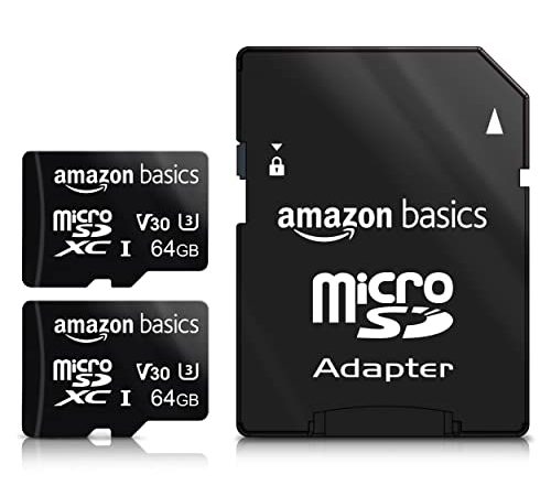 Amazon Basics Scheda Di Memoria microSDXC 64 GB Con Adattatore Integrale, Nero, Confezione Da 2