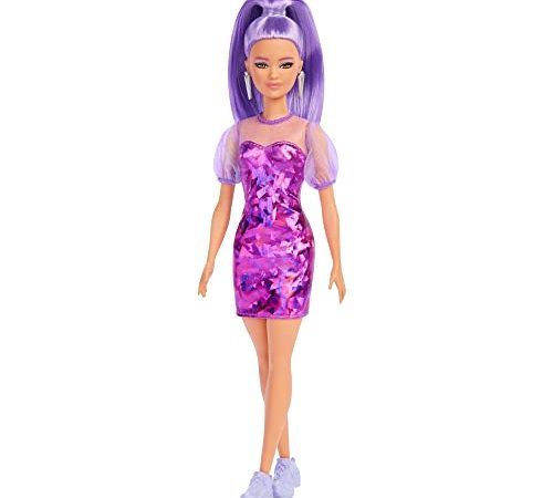 Barbie - Bambola Barbie Fashionista con capelli Viola e Vestito Rosa, Giocattolo per Bambini 3+ Anni, HBV12