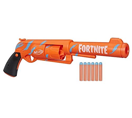 Blaster Nerf Fortnite 6-SH - Colorazione Camo Pulse, caricamento con percussore, caricatore a tamburo da 6 dardi, include 6 dardi Nerf Elite