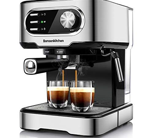 Bonsenkitchen Macchina per caffè espresso 15 bar, per cappuccino, latte macchiato, espresso con serbatoio dell'acqua rimovibile, ugello per vaporizzatore, funzione 2 tazze, acciaio inox, 850 W