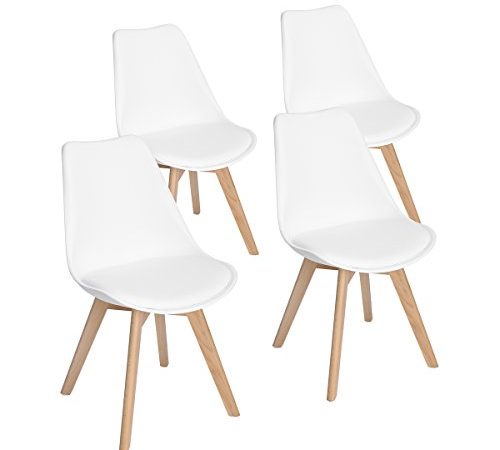 EGGREE Set di 4 Pranzo/Ufficio Sedia con Gambe in Faggio Massiccio, Sedie Senza Braccia Imbottita di Design per il Massimo Comfort Bianco