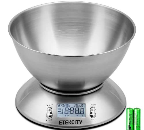 ETEKCITY Bilancia Cucina Digitale, Bilancia da Cucina Elettronica in Acciaio Inossidabile 5kg/ 11lb con Ciotola Rimovibile, Funzione Tare, Timer Allarme, Indicatore Temperatura, Display LCD, Argento