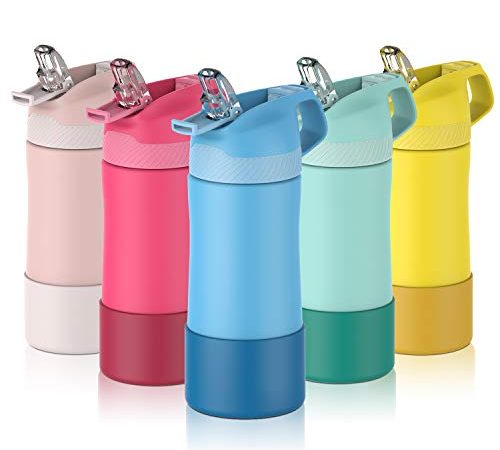 FEIJIAN Borraccia Bambini acciaio inox con cannuccia, Senza BPA- Thermos 400ml, senza Perdite Bottiglia Termica - Caldo/Freddo, Bottiglia Acqua riutilizzabile - per campeggio, scuola, asilo