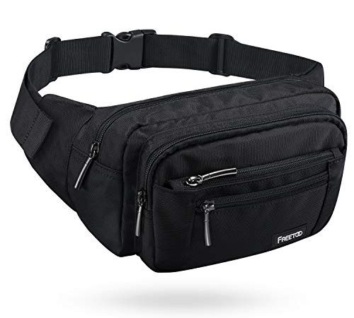 FREETOO Marsupio con 5 Tasche Marsupio Bum Bag Cintura Regolabile Singola Spalla per Escursionismo Casuale Bicicletta Nero 1