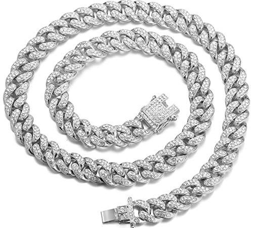 HALUKAKAH Catena d'oro per Uomo,Catena a Cubana da 13MM Iced out Finitura in Oro Bianco Platino Choker Collana 45cm,Pieno Cz Diamantate Punte Set,con Confezione GRGALO