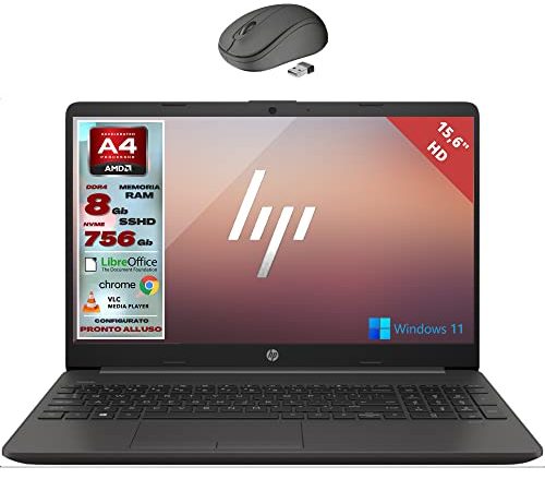 HP, Pc Portatile Notebook, Display HD da 15,6", Cpu Amd 3020e, Ram 8Gb, Sshd 756Gb, Windows 11 Pro, Computer Portatile Pronto all'Uso con Mouse Wireless