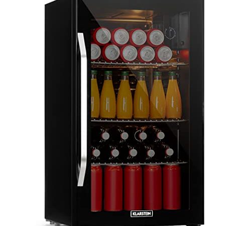 Klarstein Beersafe Onyx - Mini Frigo, Minifrigo da Camera, Frigorifero Piccolo, 5 Regolazioni, 42dB, 2 Ripiani Flessibili in Metallo, Luce LED, Sportello in Vetro con Telaio, Nero, 80 L