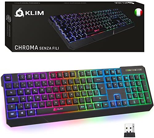 KLIM Chroma Tastiera Wireless ITALIANA - NUOVA VERSIONE 2022 - Sottile, Resistente + Tastiera Gaming Retroilluminata Silenziosa e Impermeabile - Tastiera PC Mac PS4 PS5 Xbox Nera