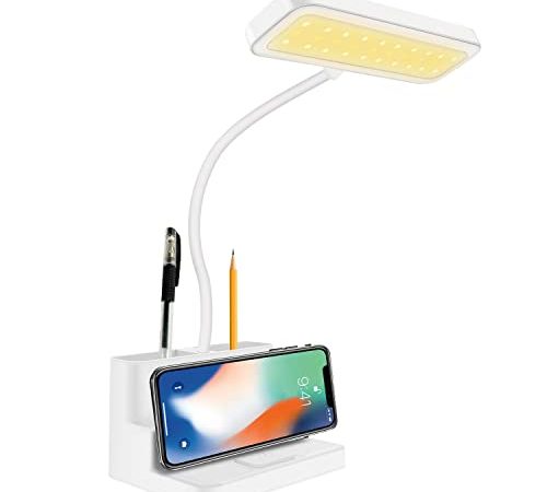 Lampada da Scrivania 30 LED con Portapenne, Oscuramento Continuo Lampada da Tavolo, Luminosità Regolabile, Controllo Touch, Porta di Ricarica USB Protegge l'occhio Lampada Scrivania per Studio e Casa