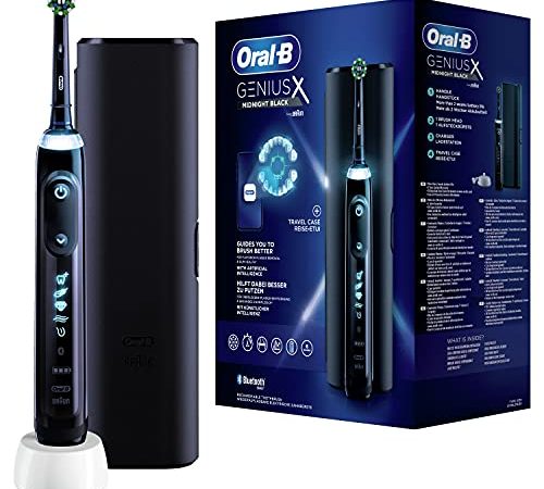 Oral-B Genius X Spazzolino Elettrico 6 Modalità di spazzolamento, Protegge le Gengive, Bluetooth, Sbiancante Denti, Nettalingua, 1 Testina, Custodia Viaggio, Batteria Litio, Idea Regalo, Nero