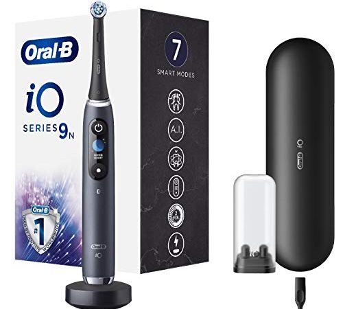 Oral-B iO 9n Go Electric Spazzolino Elettrico con Tecnologia Magnetica, Monitoraggio 3D grazie all'Intelligenza Artificiale, 1 Testina, Custodia Viaggio, Batteria Litio, Idea Regalo, Nero