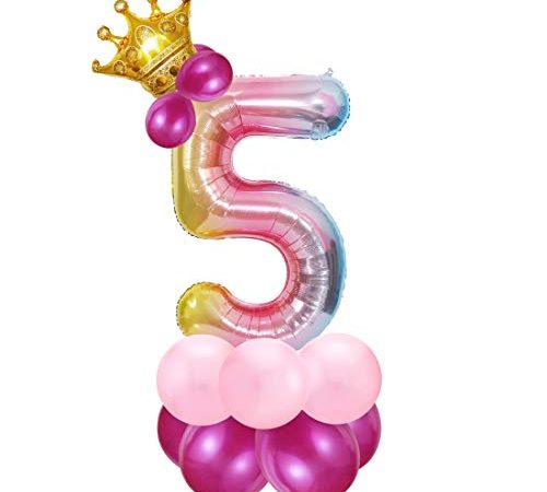 Bluelves Foil Palloncini Numeri 5 Rosa, Palloncini Compleanno 5 Anno, Palloncino Numero 5, Palloncini Pompleanno 5, Arcobaleno Numero 5, Feste Decorazione di Compleanno Palloncino