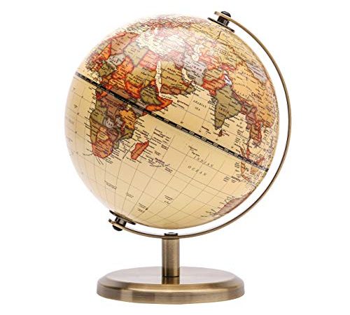 Exerz 14cm Mappamondo Antico - Mappa inglese - Supporto in metallo Colore bronzato - Grande sfera rotante - Decorazione da scrivania educativa/geografica/moderna - per scuola, casa e ufficio