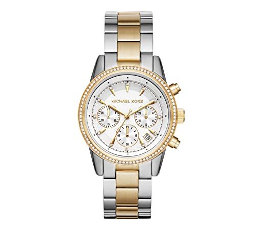 Michael Kors RITZ Orologio da Donna, Misura Cassa 37 mm, Movimento Cronografo al Quarzo, Cinturino in Acciaio Inossidabile, Argento/Oro