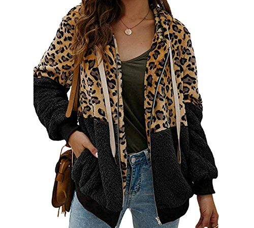 ABINGOO Cappotto Donna Casual Felpa con Cappuccio Giacca Leopardo Invernale Cerniera Giacche e Cappotti Vello Caldo Hoodies Outwear,Nero,L