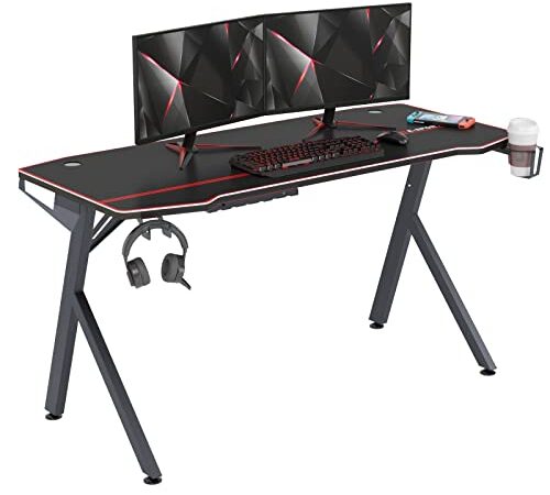 DlandHome scrivania gaming 140 cm, Tavolo Gaming Computer per Gioco, pc gaming tavolo pc gaming Mouse e Tastiera Grande XL + Gancio per Cuffie, Porta Tazza e Organizzatore dei Cavi