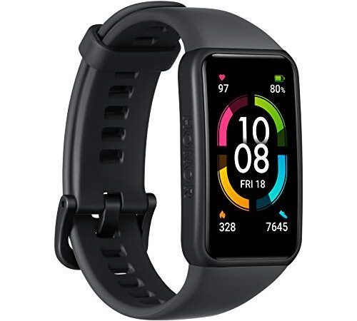 HONOR Band 6 Braccialetto intelligente Schermo intero 1,47 pollici AMOLED Touchscreen a colori SpO2 Frequenza cardiaca Sonno Stress Nuoto Activity Tracker Versione globale, Nero