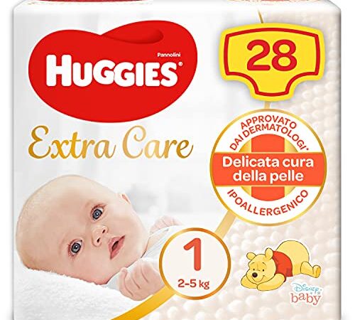 Huggies Extra Care Bebè Pannolini, Taglia 1 (2-5 kg), Confezione da 28 Pannolini