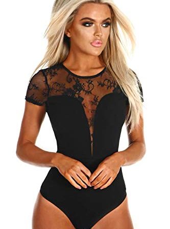 NBBNYJ Body Donna Elegante Vintage Estivi Manica Corta In Pizzo Nero Bodysuit Blusa Camicie Top Tuta Abbigliamento (Nero, M)