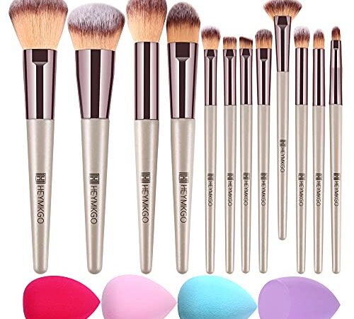 Pennelli Trucco HEYMKGO 12PCS + 4 Spugna per il trucco Champagne Gold Set di pennelli make up professionale Pennello per fondotinta Blending Powder Blush Set di pennelli per il trucco degli occhi