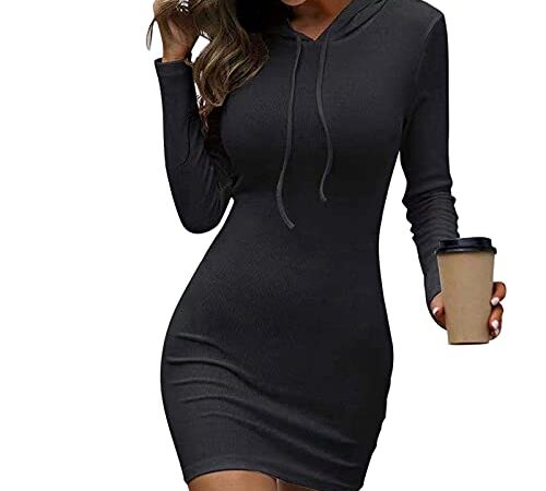 Abito a maglia per donna, invernale, elegante, da donna, sexy, in tinta unita, con scollo a V, a maniche lunghe, caldo, slim fit, mini abito da donna stretto e corto, 1-nero, M