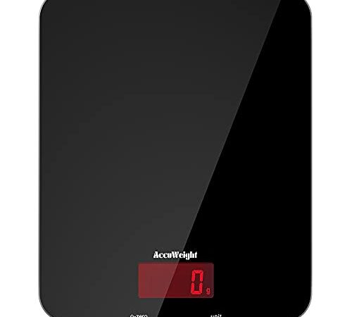 ACCUWEIGHT Bilancia da Cucina Digitale con Funzione Peso Tara Bilancia Alimenti Elettronica Multifunzione con Display LCD per Pesare Cibo Liquidi Fino a 5 kg / 11 lbs Superficie in Vetro Temperato