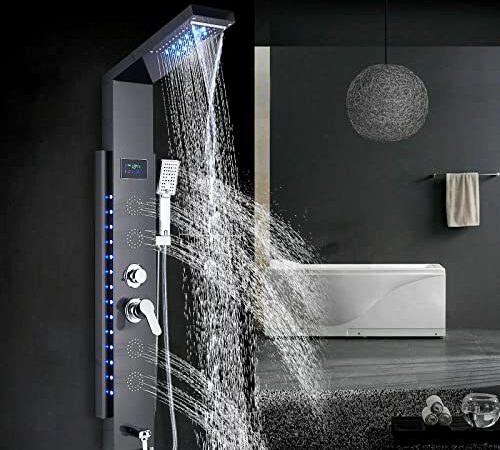 AWorddy LED Colonna Doccia Idromassaggio Miscelatore per Vasca con 5 Funzioni Pannello Doccia Set in 304 Acciaio Inox Sistema Set Doccia con Soffione Fisso,Massaggi,Doccetta e Bocca Vasca,Nera