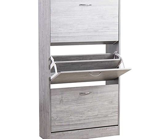 BAKAJI Scarpiera Portascarpe in Legno MDF con 3 Ante Porta Scarpe a Ribalta Maniglie in Metallo Doppia Profondità Dimensioni Compatte Slim 63 x 24 x 115 cm Salvaspazio Ingresso Casa (Grigio)