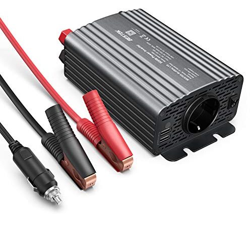 BESTEK Inverter da Auto 500W / Trasformatore da 12V a 220V con Presa AC e 2 Porte USB, Convertitore di Potenza per Auto/Camper/Smartphone con Adattatore Accendisigari e Pinze per Batteria(Grigio)