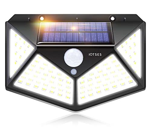 Luce solare da esterno IOTSES 100LED 2200mAh 3 modalità con sensore di movimento 270º da quattro lati IP65 Faretto impermeabile per giardino, garage, strada, patio, terrazza ecc. (1 unità)