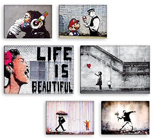 Quadri Moderni BANKSY Set Composto da 6 pz. (2 pz. cm 40x30 + 4 pz. cm 30x20) Stampa su Tela CANVAS Arredamento Arte Astratto XXL Arredo per soggiorno salotto camera da letto cucina ufficio