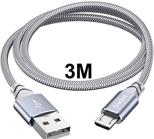 Siwket, cavo micro USB, confezione da 3 m, in nylon, USB A, cavo di ricarica micro per Samsung Galaxy Edge/S7/S6 Edge/S6/S4/S3/J7, Xiaomi, Huawei P9/10 lite, PS4, Nokia, grigio