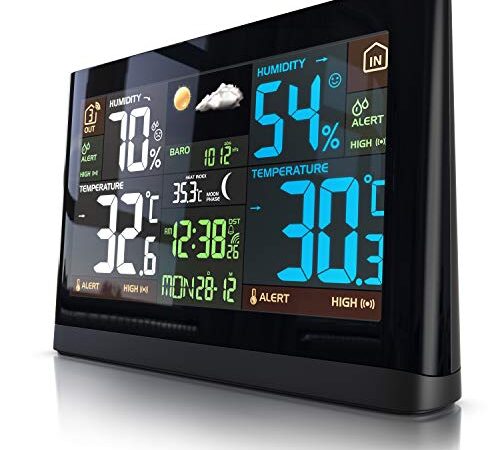 Stazione meteo con display a colori - con sensore esterno - segnale DCF - temperatura interna ed esterna - pressione relativa dell'aria - barometro - andamento della temperatura - sensore crepuscolare