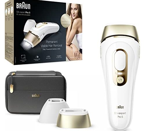 Braun Silk-expert Pro 5 Epilatore Luce Pulsata, Alternativa al Laser, Con 2 Accessori di Definizione, Custodia Grigio Scuro da Viaggio inclusa, Idea Regalo, PL5140 Bianco e Oro