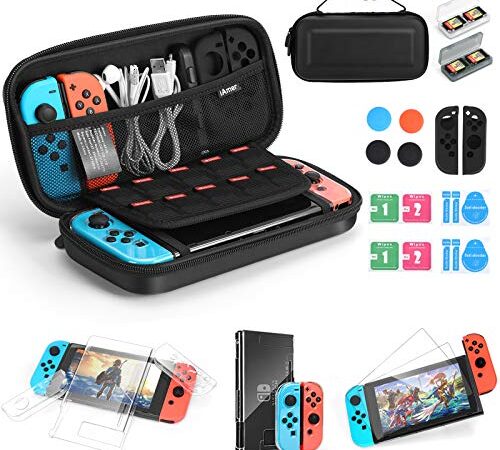 iAmer Kit 11 in 1 Accessori per Nintendo Switch, Custodia per Nintendo Switch,Cover Trasparente, 2 Pellicola Vetro Temperato,Case Protettivo in Silicone per Joycon,Thumb Grip,Cartucce 8 Giochi