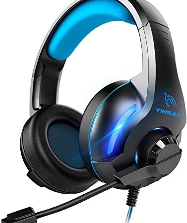 YINSAN TM7 Cuffie Gaming PS4, Cuffia Gamer PS5 con Microfono, Controllo del Volume, Illuminazione a LED Cuffie da Gaming per PC Xbox One PS5 PS4 Nintendo Switch Tablet Mac Smartphone (Blu)