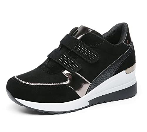 JOMIX Scarpe Donna a Strappo Casual Sneakers Zeppa Camminata Passeggiata Comode Eleganti SD3715 (Nero, 39)